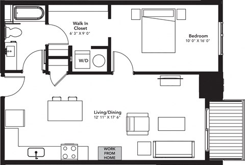 Floor plan for 1 bed, 1 bath, 780 sqft